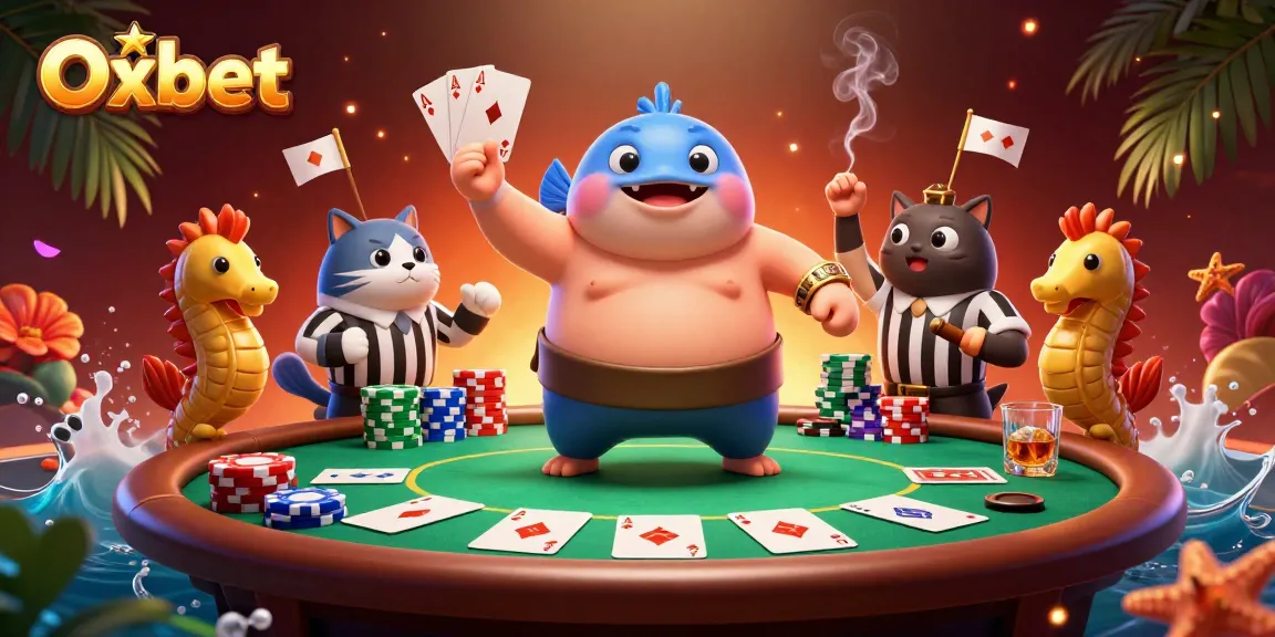 Engage in thrilling gameplay at Oxbet, featuring unique underwater characters amidst vibrant poker elements.
