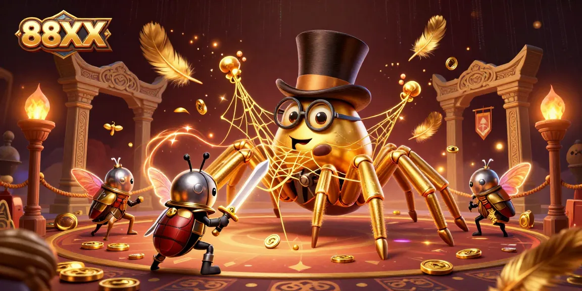 Experience thrilling moments at 88XX casino with a dynamic scene featuring a golden tarantula and a brave beetle knight.