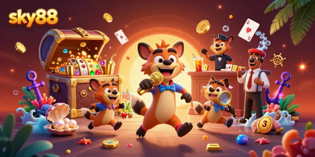 Experience the comedy of sky88 with hyenas in a vibrant casino scene filled with treasures.