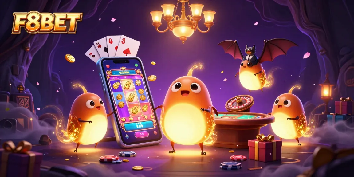 Experience the vibrant F8BET casino scene with glowworms, a bat dealer, and dynamic gaming elements.