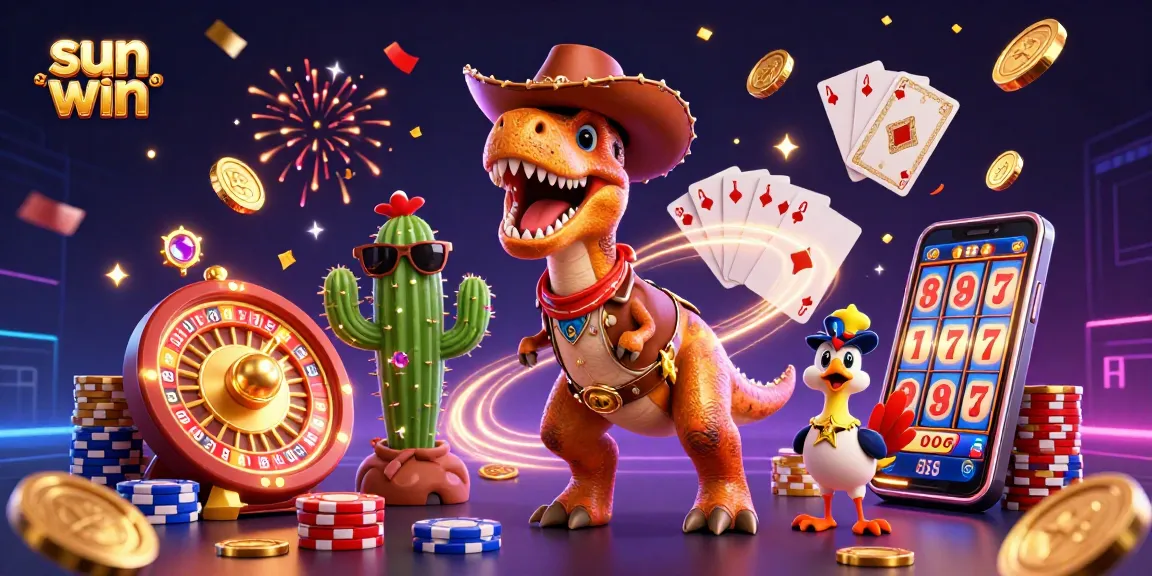 Win big with sun win in this dynamic 3D casino scene featuring cartoon characters and gaming elements.