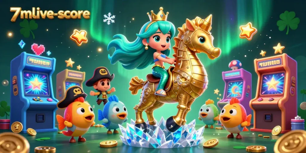 Experience the vibrant action of 7mlive-score with a mermaid princess and seahorse amidst colorful gaming elements.