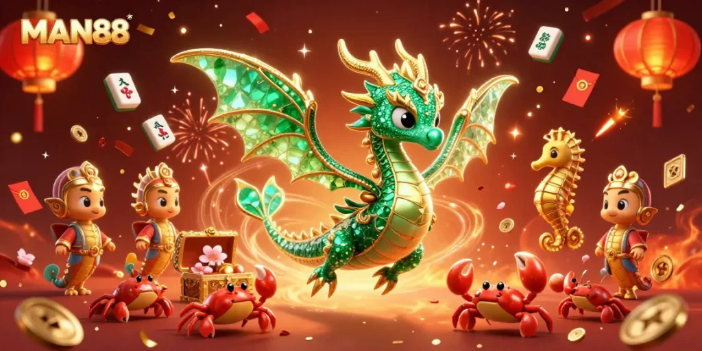 Play exciting games at MAN88, featuring a sea dragon, royal seahorse, and a treasure chest in a vibrant casino scene.