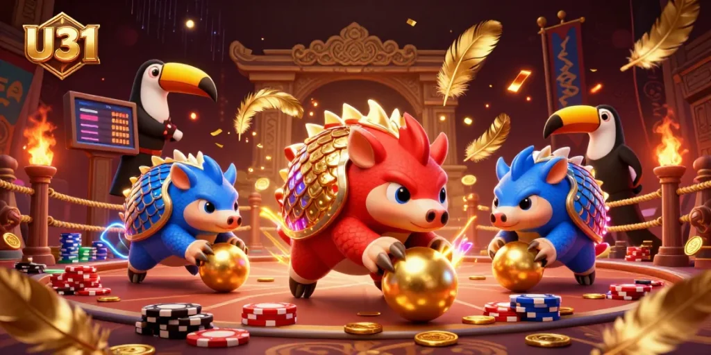 Experience U31 with dynamic pangolins in action over poker chips, showcasing exciting casino gameplay.