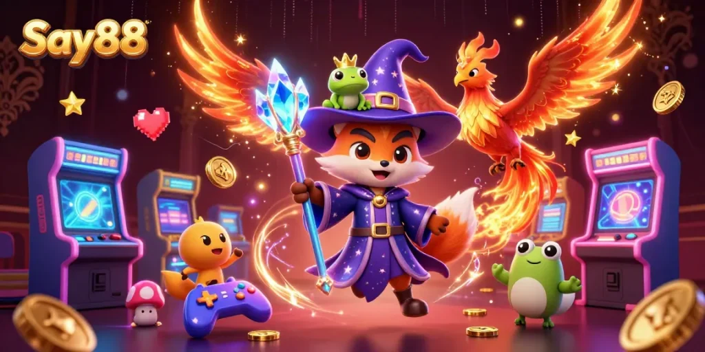 Experience thrilling gameplay at Say88 with a magical illustration of a wizard fox and phoenix amid arcade games.