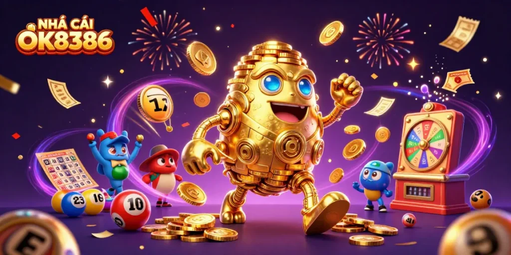 Engage with NHÀ CÁI OK8386 through a vibrant lottery action scene featuring dynamic gambling elements.