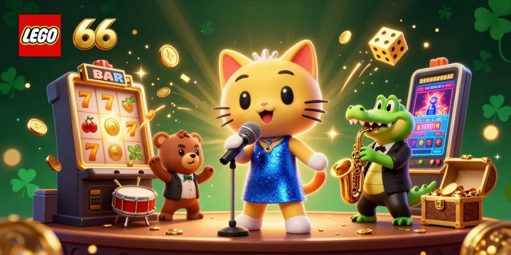 Lego66 showcases a vibrant scene featuring characters and elements from online gambling, bringing the excitement of pokies to life.