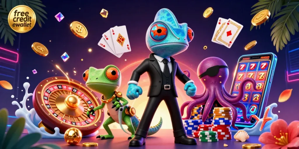 Engage with the dynamic scene in this free credit ewallet-themed casino illustration, featuring vibrant characters amidst iconic gaming elements.