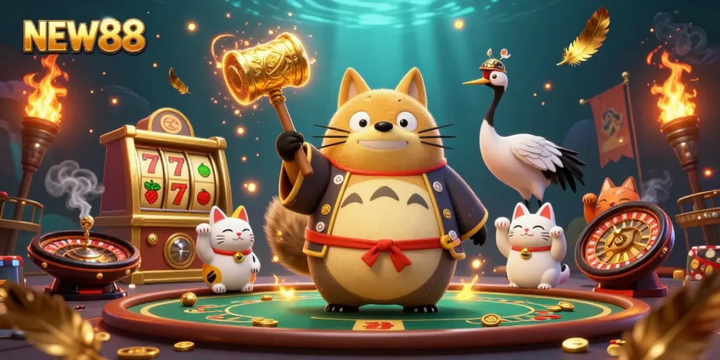 Experience vibrant gameplay with NEW88's dynamic casino scene featuring playful characters and exciting game elements.