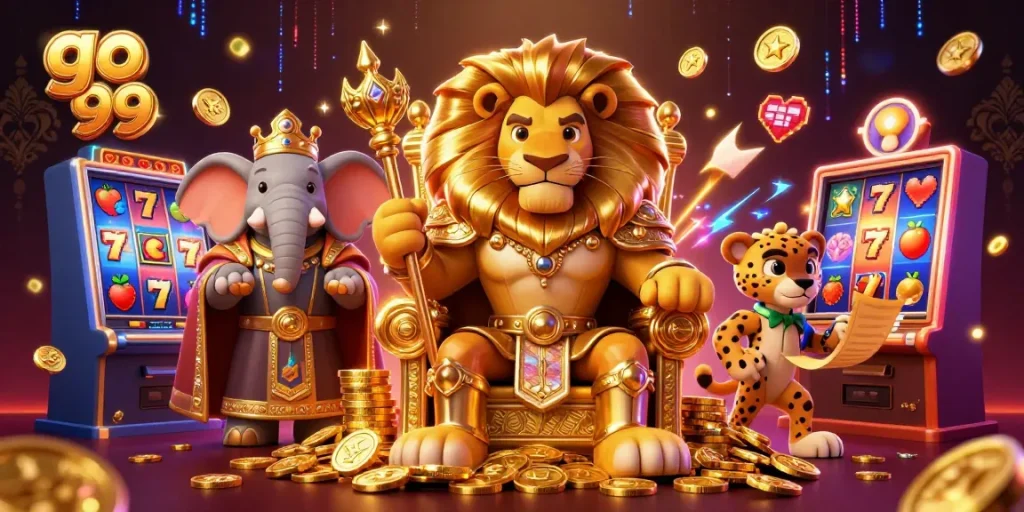 Engage with go 99's vibrant 3D casino illustration featuring slot machines and flamboyant characters.