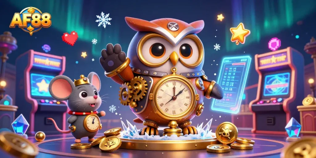 Experience the thrill of AF88 with vibrant gaming action featuring the cartoon owl adventurer.