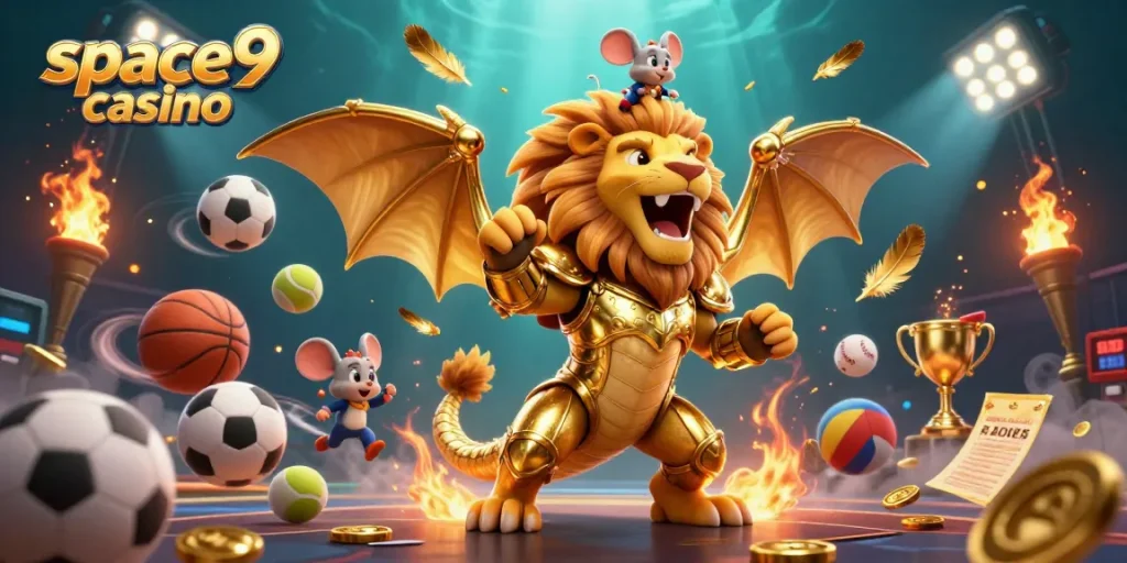Experience thrilling gameplay at Space9 Casino with dynamic sports elements and a triumphant chimera.