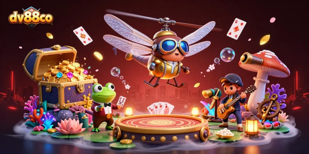 Experience thrilling gameplay at dv88co where a dragonfly pilot and frog croupier set the stage.