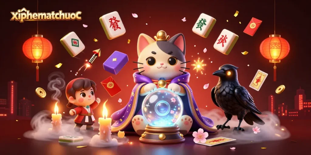 Engage in the thrilling game of xiphematchuoc with vibrant 3D characters surrounded by symbols of fortune.