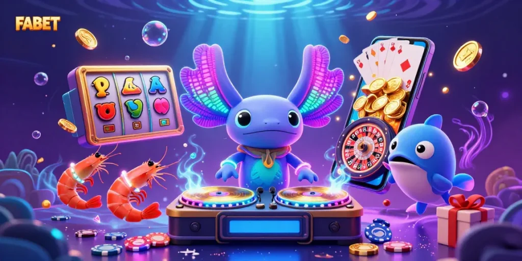 FABET promotes vibrant slot games with a cartoon axolotl DJ and energetic sea creatures in a festive underwater scene.