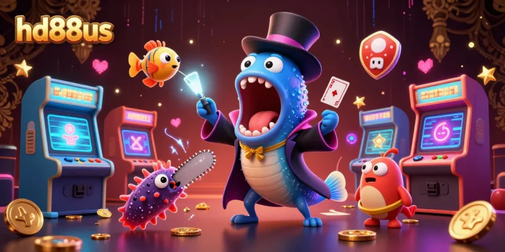 Experience casino magic with hd88us as animated sea creatures perform card tricks in a vibrant arcade setting.