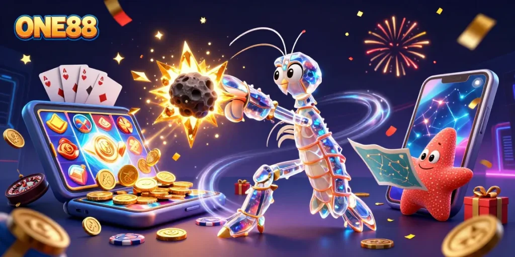 Engage in thrilling gaming at ONE88 with colorful casino elements and galactic adventures.