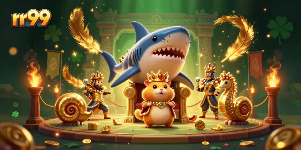 Experience thrilling gameplay at rr99 with a golden hamster king in a vibrant casino scene.
