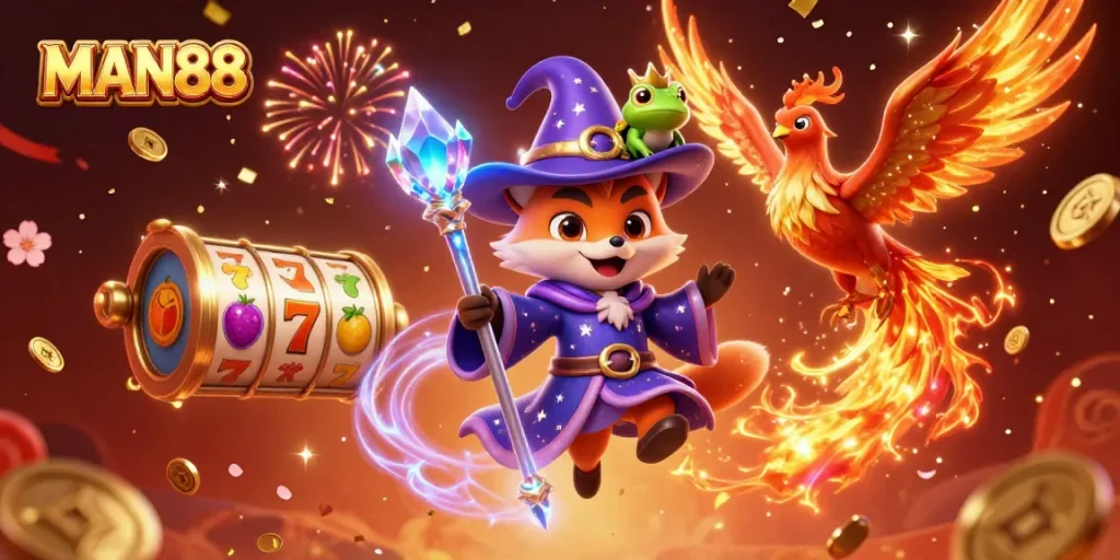 Engage with MAN88 through this vibrant 3D casino scene featuring enchanting characters and slot game elements.