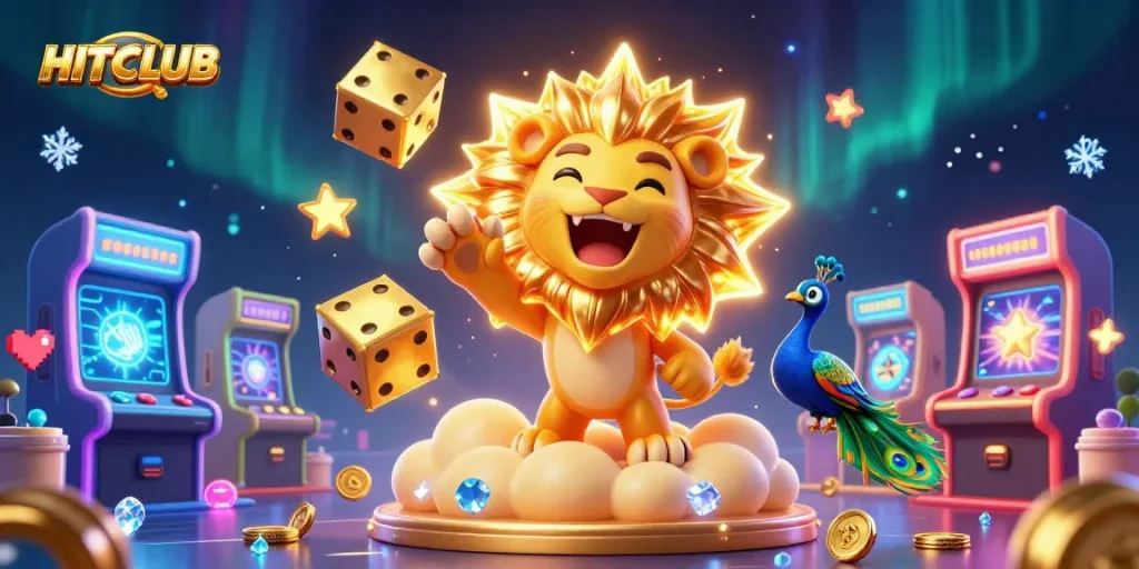 HITCLUB's vibrant gaming scene bursts with energy as golden dice and a roaring lion ignite the adventure.