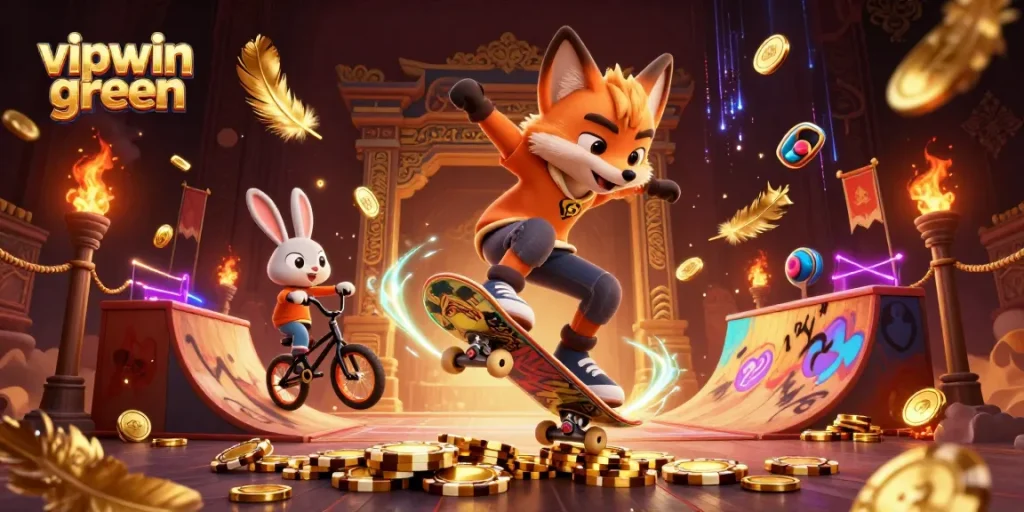 Experience the thrill of vipwin green with a colorful 3D casino illustration showcasing a skateboarder fox and BMX rabbit.