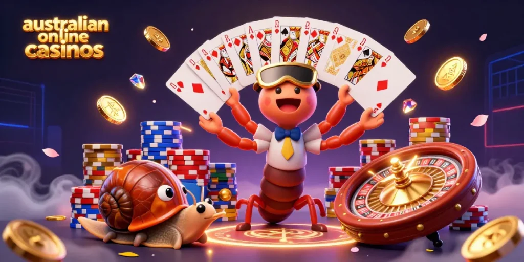 Experience the excitement of australian online casinos with a vibrant 3D scene of a dealer and high-roller.