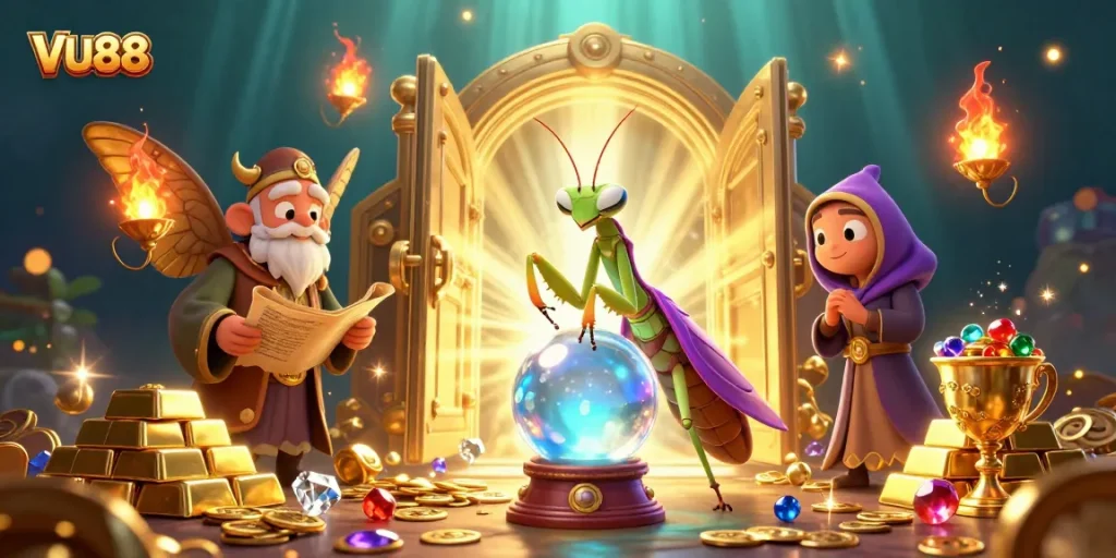 Engage in exciting games at VU88 with a mystical scene illustrating fortune telling and treasure.