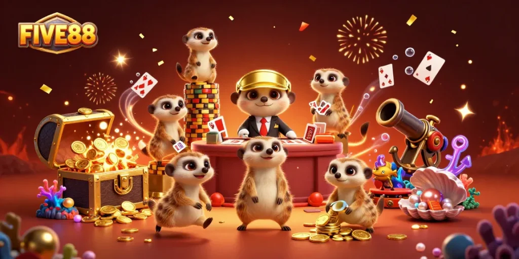 Engaging scene of meerkats managing the casino environment showcasing FUN at FIVE88 with exciting gameplay.