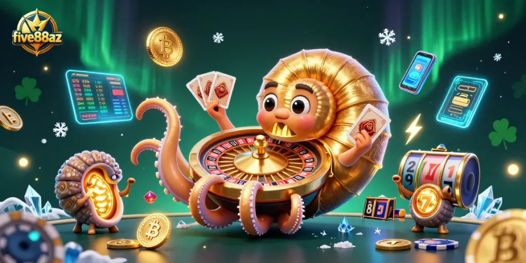 Engage with five88az as the nautilus spins the roulette wheel amidst vibrant cryptocurrency elements.