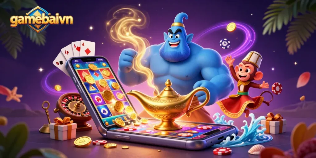 Engage with gamebaivn through a spectacular 3D illustration featuring poker chips, a genie, and vibrant casino elements.