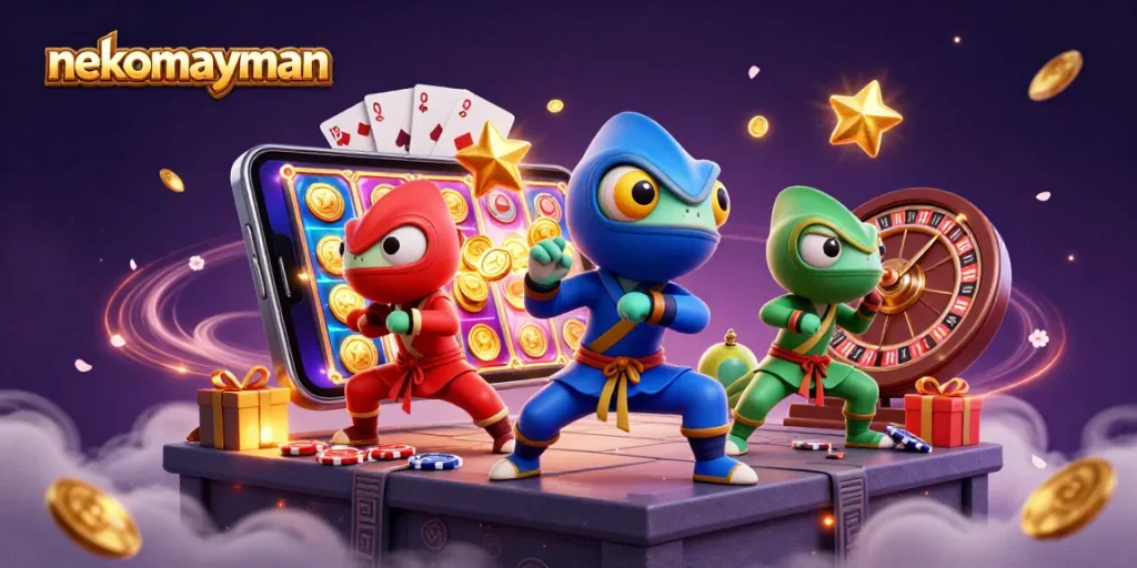 Spin and win in Neko May Mắn, with vibrant chameleons and colorful slot game elements.