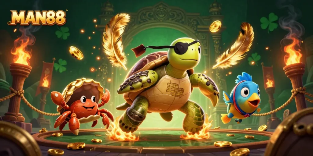 Experience the excitement at MAN88 with a vibrant 3D illustration featuring unique casino characters and treasure-filled action.