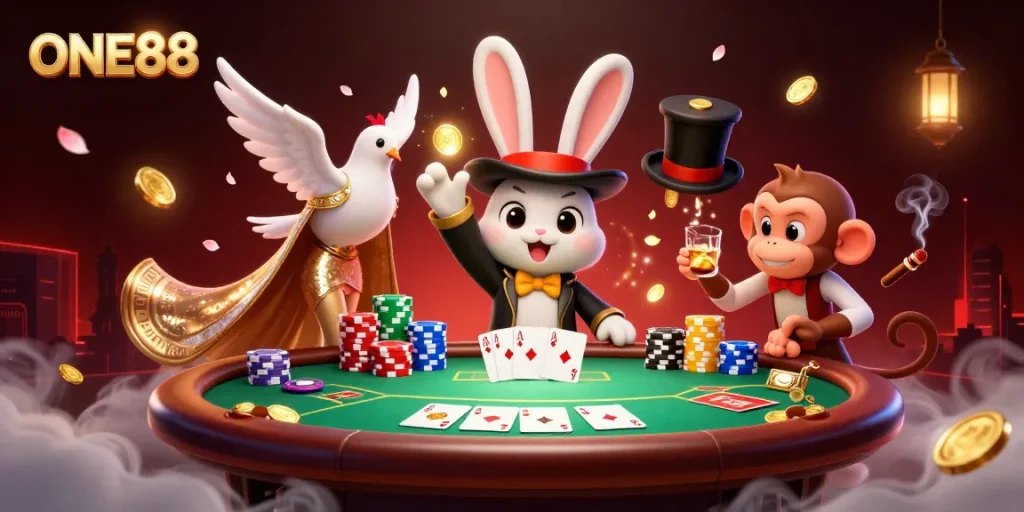 Experience the thrill of ONE88 with a magician rabbit and dynamic casino elements