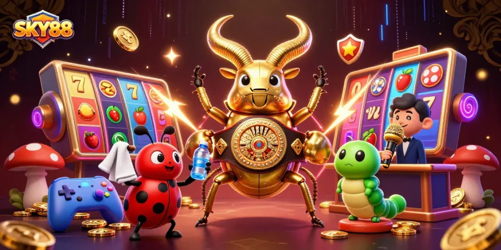 Engage with SKY88’s vibrant 3D cartoon scene of casino slot action featuring a golden stag beetle champion.