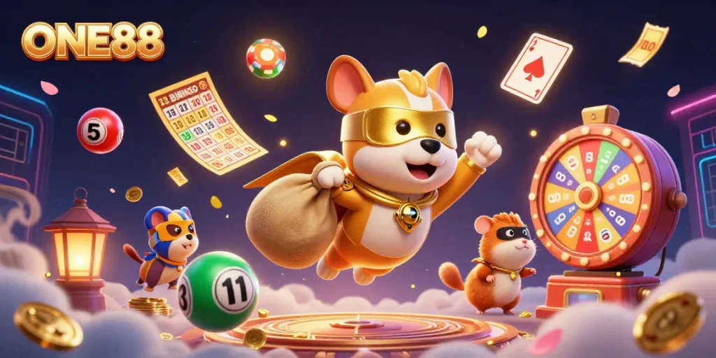 Experience thrilling gameplay at ONE88 with a vibrant 3D illustration of dynamic casino elements and fun characters.