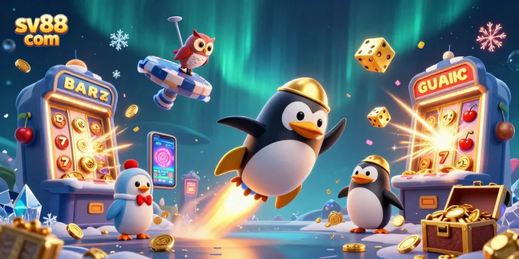 Experience the thrill of sv88 com with a dynamic casino scene featuring colorful slot machines, golden coins, and a golden penguin.