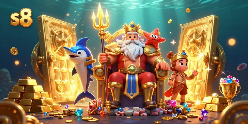 S8 casino experience illustrated with sea king Neptune, gold treasures, and dynamic gaming elements