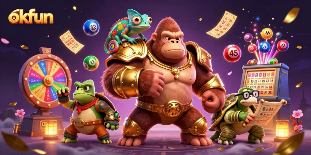 Experience online gaming with okfun alongside a powerful gorilla, colorful lottery elements, and a vibrant casino scene.