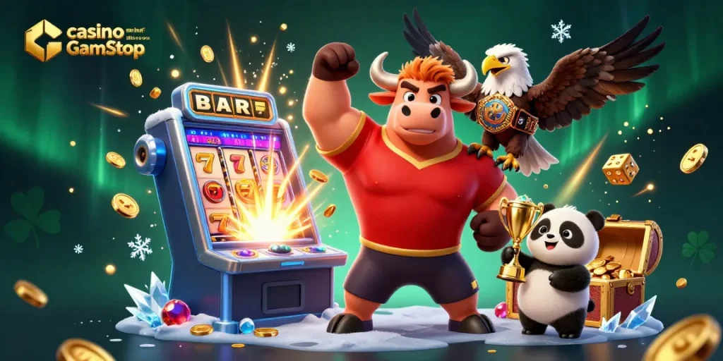 Engaging illustration showcasing casino and betting sites not on GamStop, featuring a bull mascot, eagle, and panda.