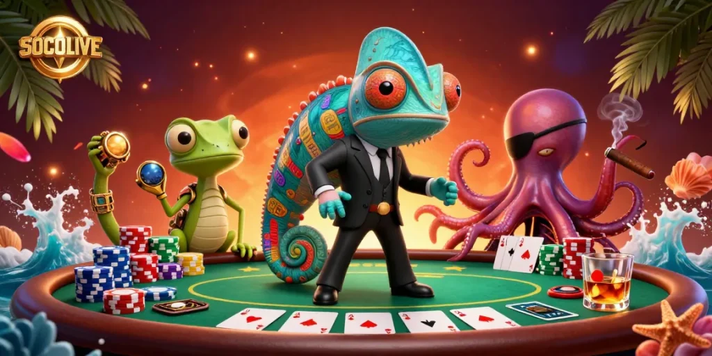 SOCOLIVE showcases a vibrant poker scene with a secret agent chameleon, gecko companion, and villainous octopus.