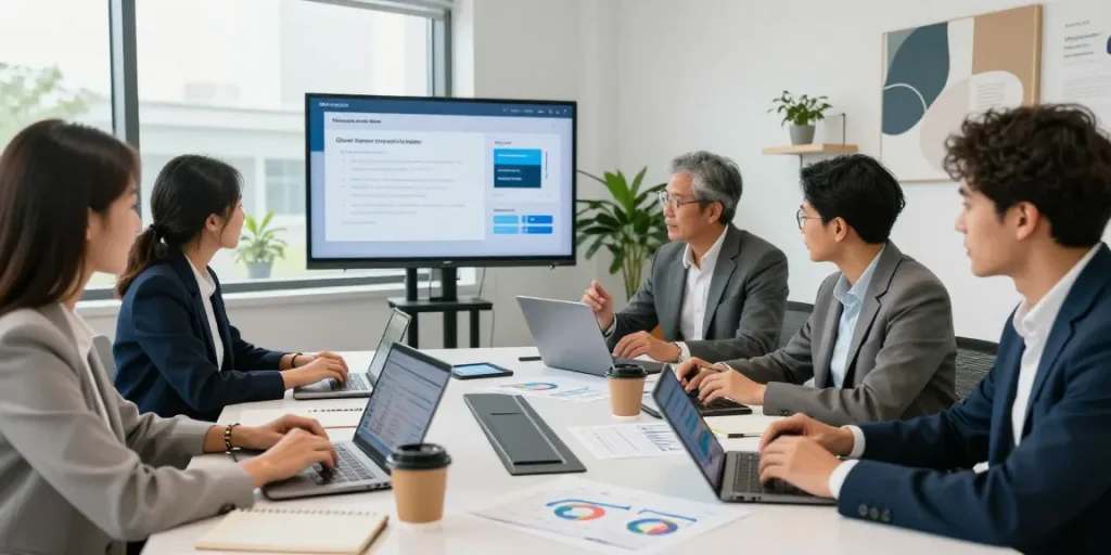 Team collaborating on an online payment gateway project in a modern office.
