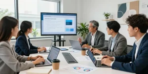 Team collaborating on an online payment gateway project in a modern office.