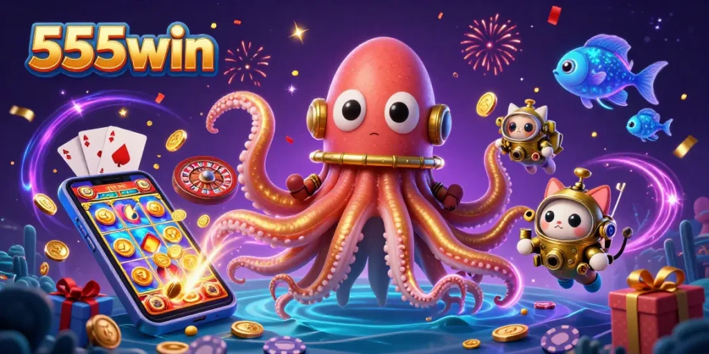 Catch winning moments at 555win with vibrant 3D elements of a kraken and slot games.