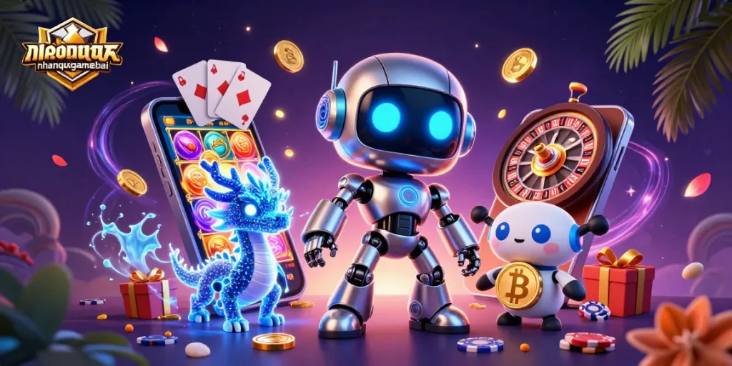 Join the thrilling action at nhanquagamebai with a dynamic 3D casino-themed scene featuring vibrant characters and games.