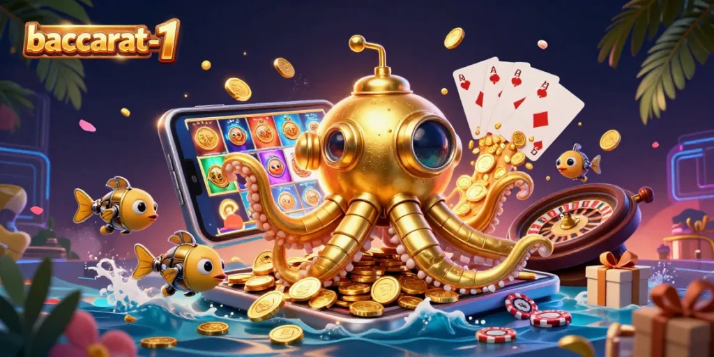 Baccarat-1 presents a dynamic scene with a golden kraken navigating golden coins amidst vibrant gaming elements.