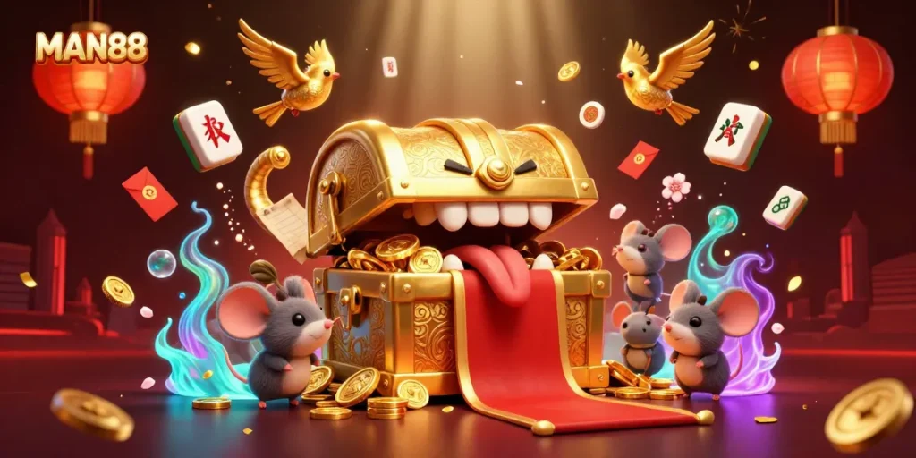 Enticing MAN88 illustration with a treasure chest and symbolic gaming elements enticing players to explore opportunities.