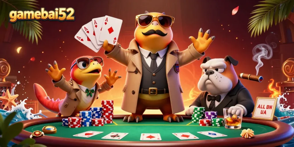 Experience thrilling poker action with gamebai52’s raptors in a trench coat at a VIP casino lounge.