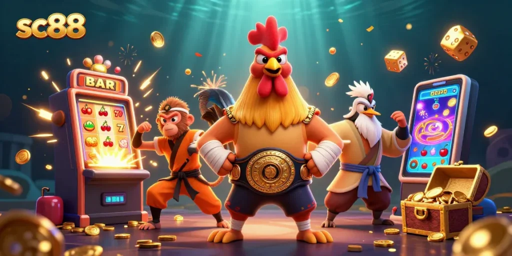 Experience thrilling casino action with sc88 as martial characters celebrate a jackpot win!