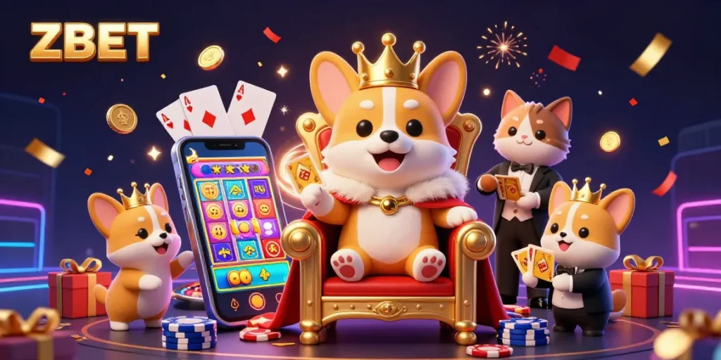 ZBET presents an exciting casino scene with a royal corgi on a poker chip throne alongside lively characters.