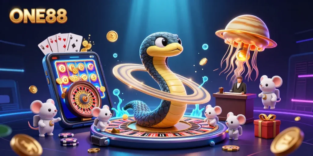 Place your bets at ONE88 with a vibrant casino scene featuring a space-themed roulette wheel and cosmic dealer.